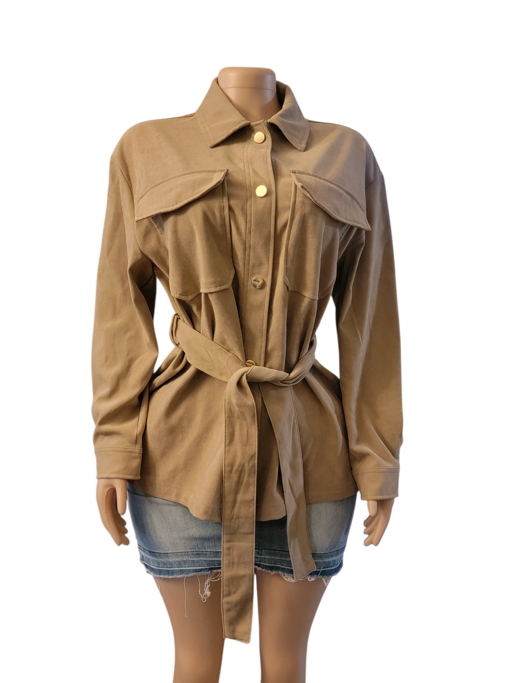 Zara Tan Belted Utility Jacket with Gold Buttons Women Size S